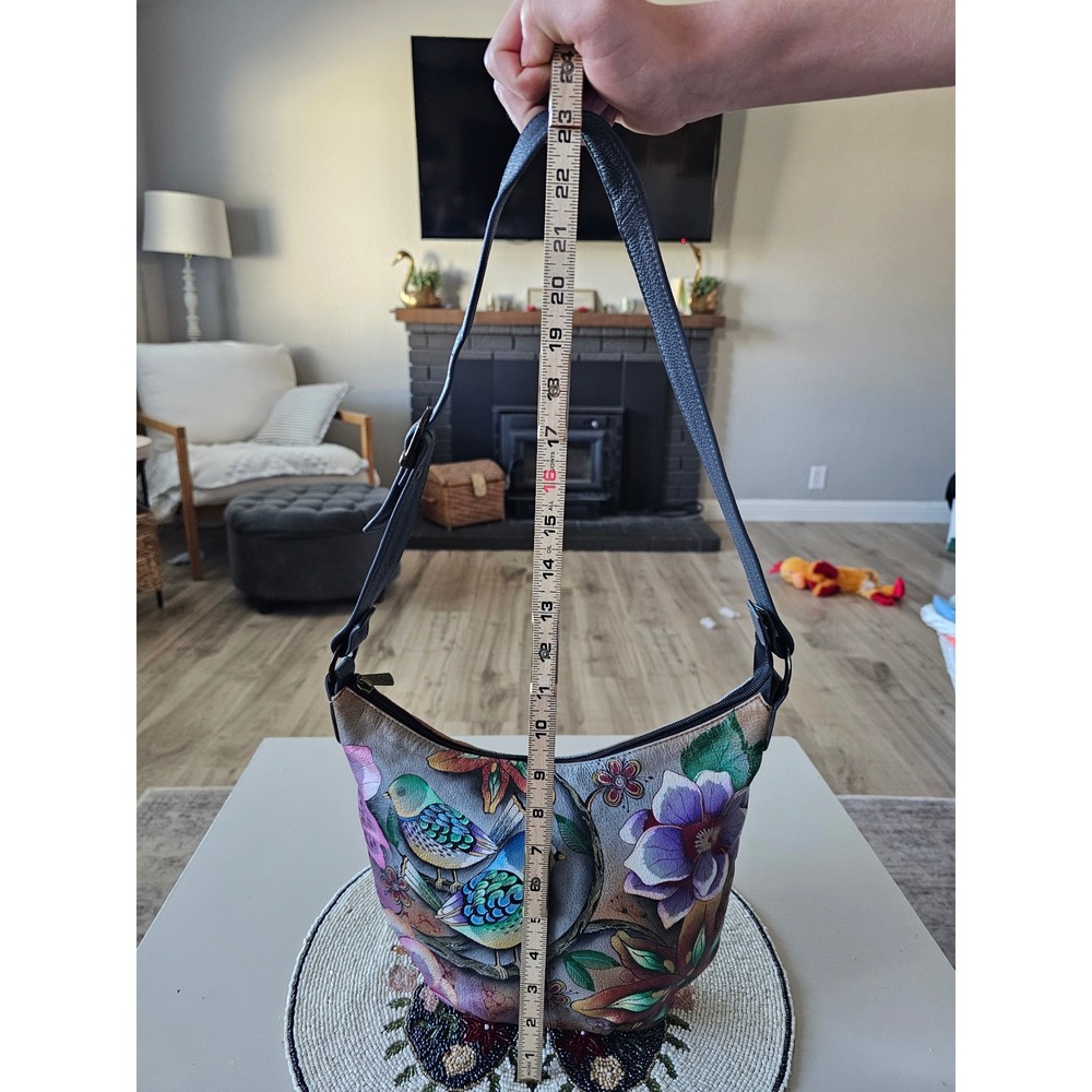 Anuschka Hand Painted Leather Hobo Bag Birds and Flowers Shoulder Purse Multi - Picture 4 of 10
